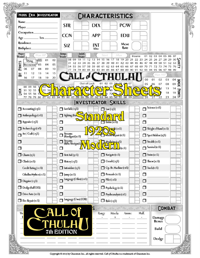 Call Of Cthulhu Modern Character Sheet